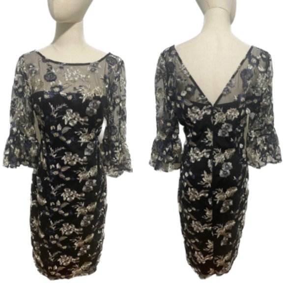 Adrianna Papell Dresses & Skirts - ADRIANNA PAPELLl SHEER 3/4 BELL SLEEVE V-BACK KNEE LENGTH COCKTAIL DRESS EUC 14